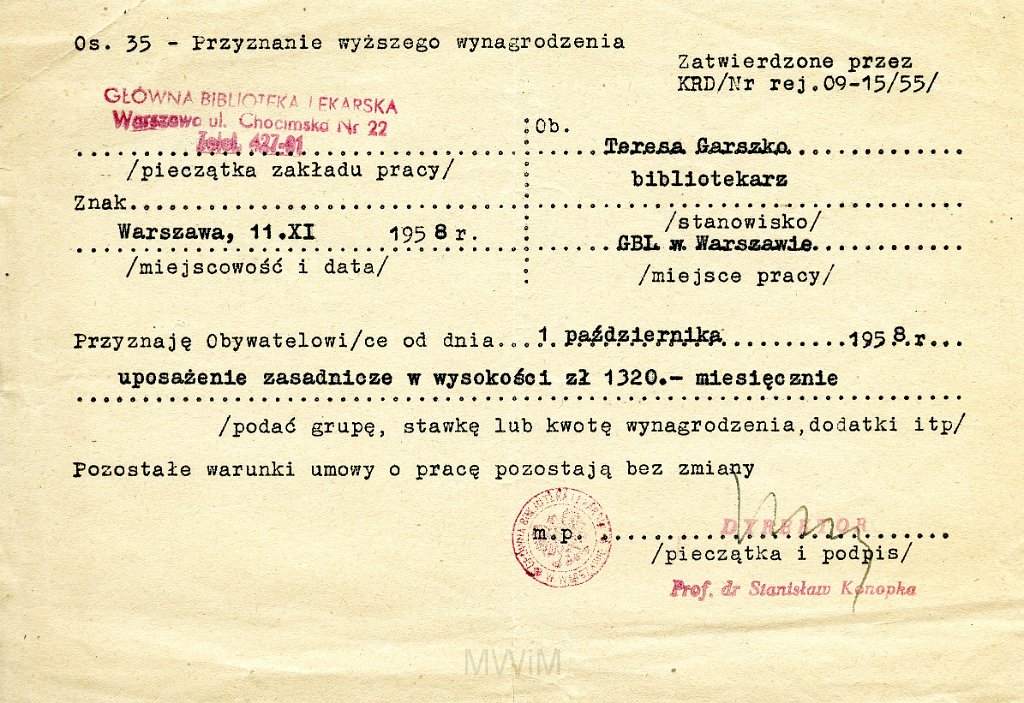 KKE 5796.jpg - Dok. Pismo dotyczące podwyżki wystawiona przez Główną Bibliotekę Lekarską dla Teresy Rogala, Warszawa, 1 X 1958 r.